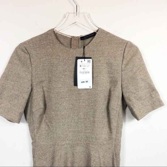 Zara | Tan Wool Blend Short Sleeve Midi Dress - Picture 5 of 8